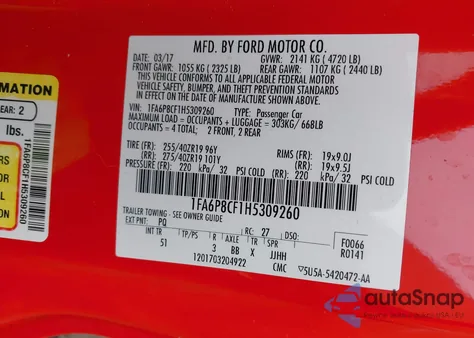 2017 Ford Mustang Gt Premium из США, поврежденный, VIN 1FA6P8CF1H5309260